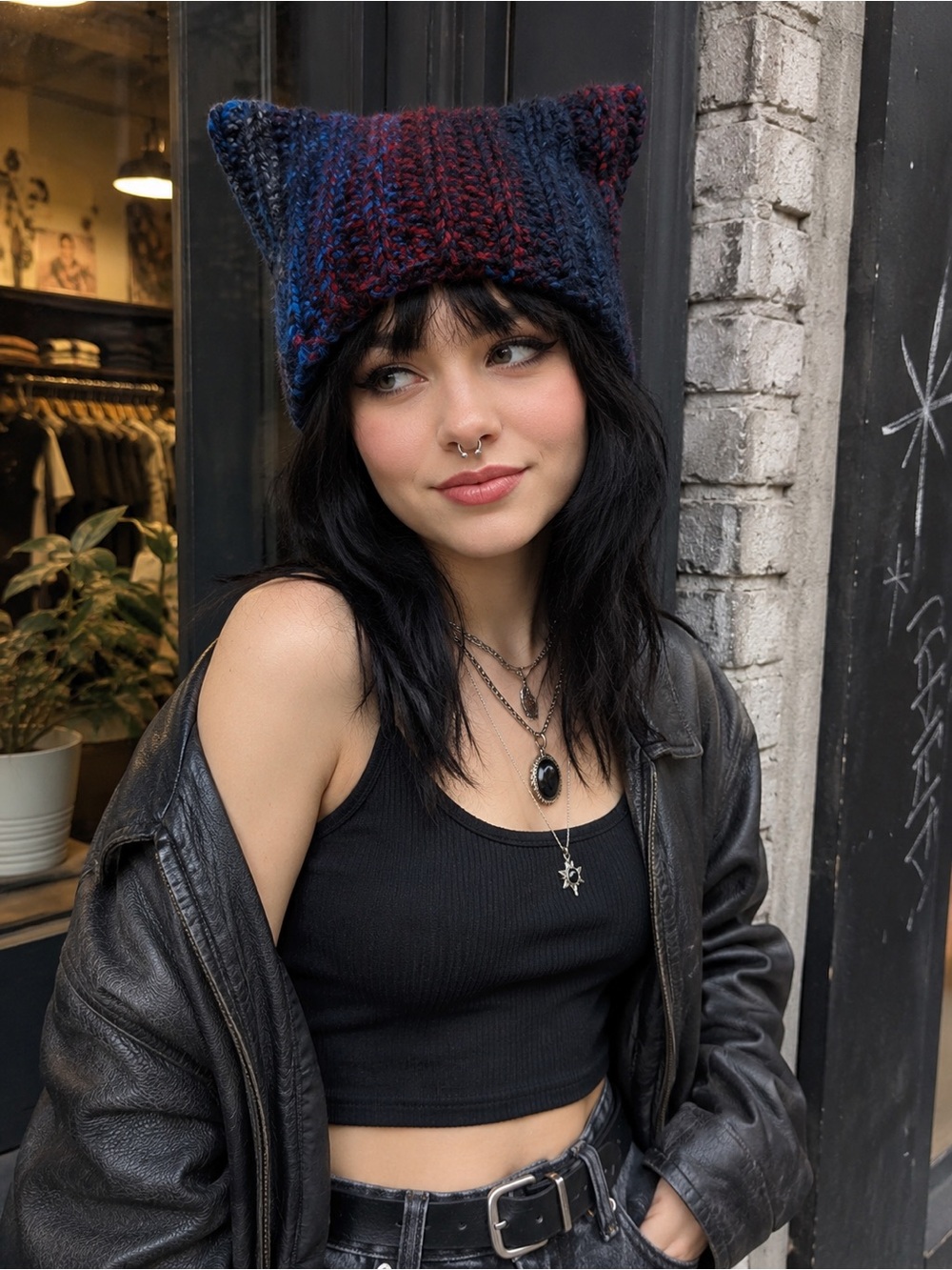 Handmade Crochet Cat Ear Beanie Blue Red Black Alt Grunge Winter Hat